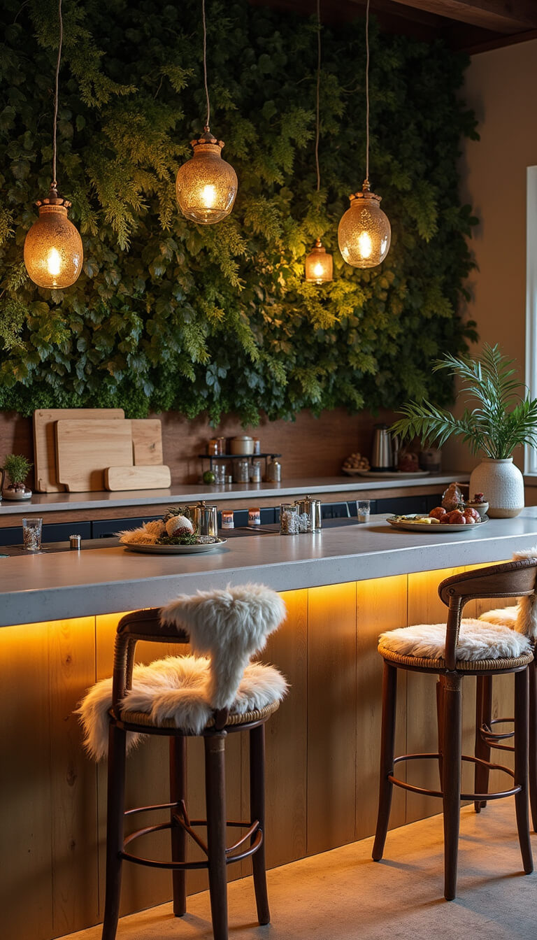 Cozy modern boho breakfast bar at dusk with concrete waterfall counter, rattan stools, ceramic pendant lights, and lush green living wall.