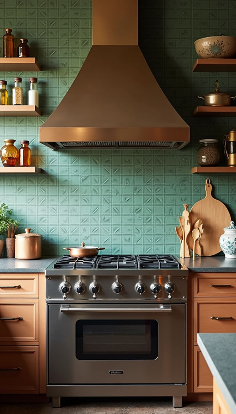Modern boho kitchen with sage green handmade tile backsplash, professional range, copper floating shelves holding amber glass spice jars and oils, Moroccan lanterns, and wooden utensils.