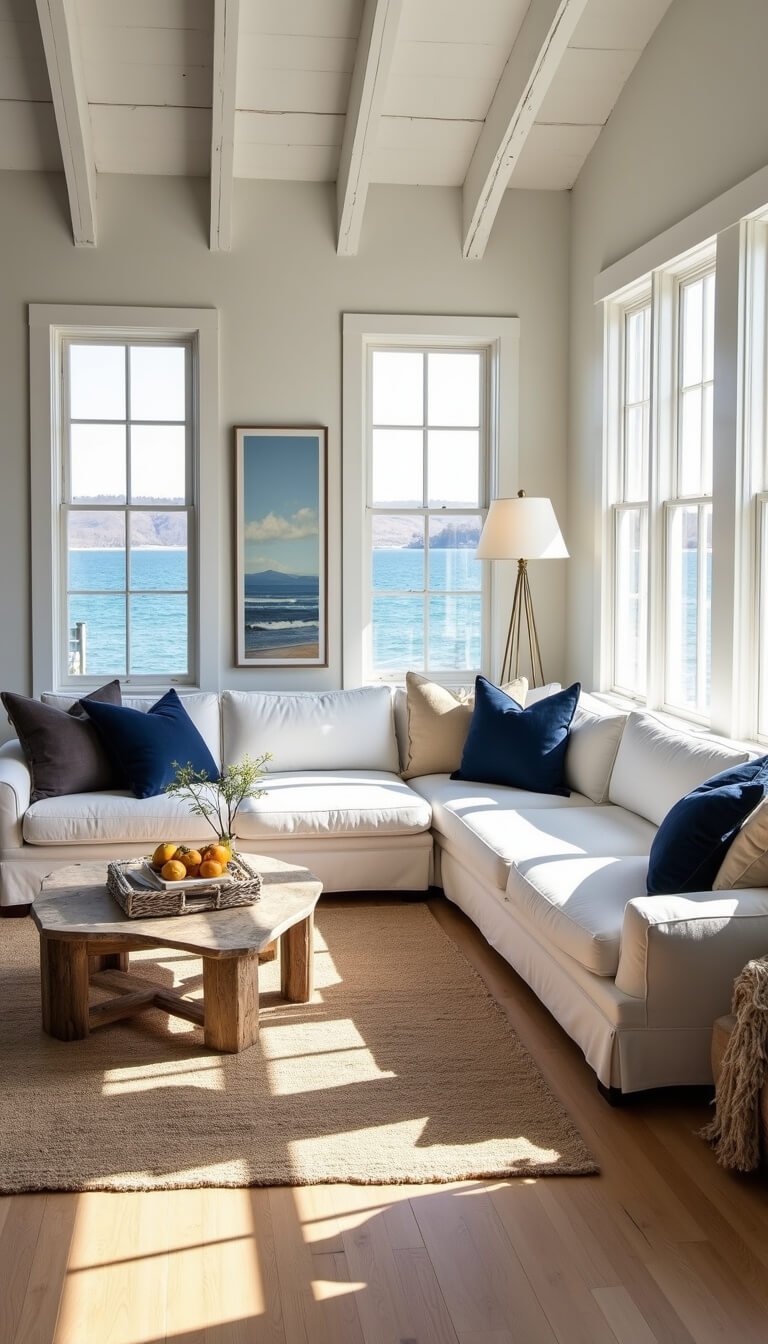 Sunlit coastal living room with white slipcovered sectional, driftwood coffee table, exposed beams, and floor-to-ceiling windows.
