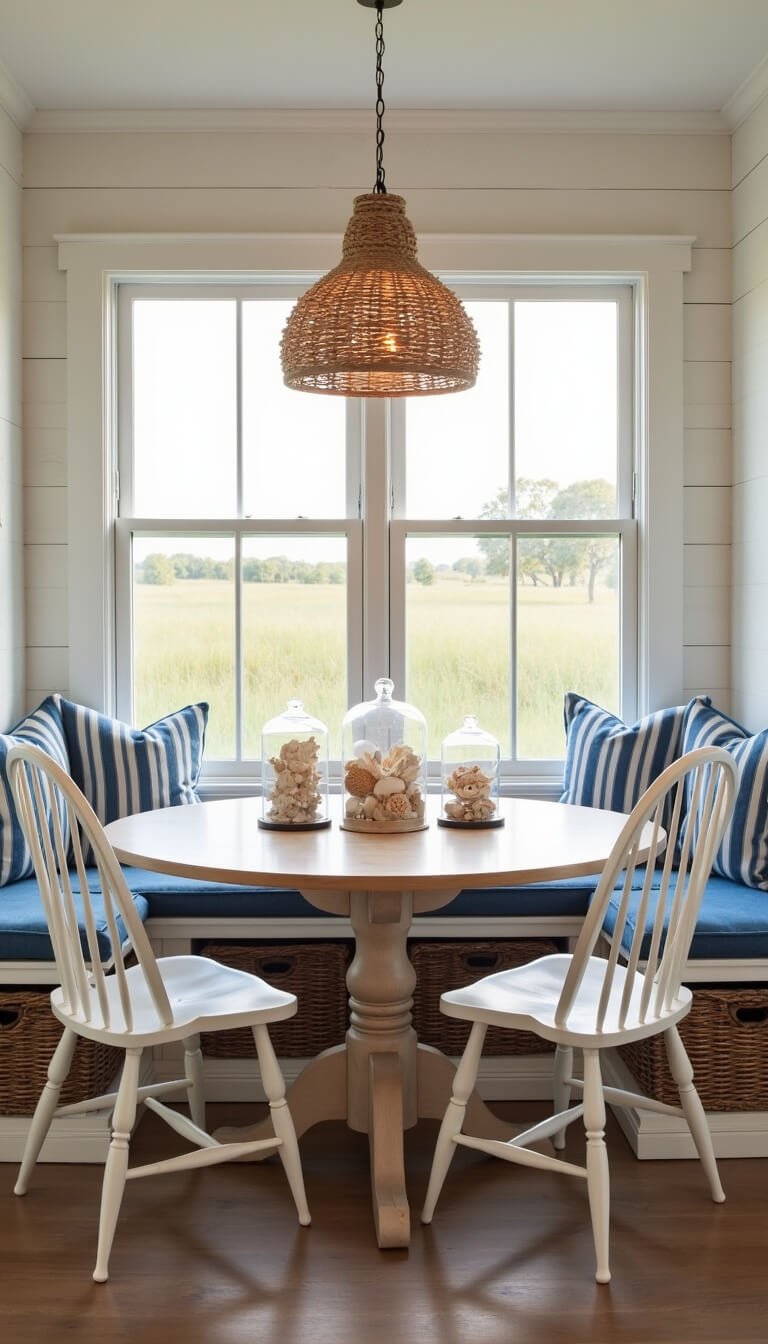 Cozy 12x14ft breakfast nook with shiplap walls, built-in window seat, round oak table, Windsor chairs, and rope chandelier in golden hour light.