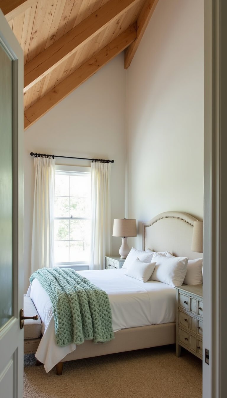 Serene primary bedroom with vaulted ceilings, exposed wood beams, king bed in white linens, seafoam green knit throw, and soft afternoon light through gauzy curtains.