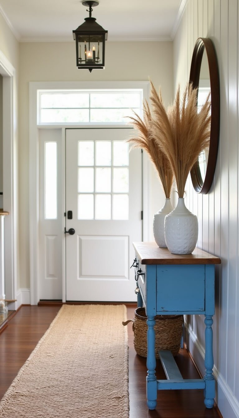 Warm white entryway with board and batten walls, Dutch door, vintage blue console table, pampas grass in ceramic vases, Capiz shell mirror, and sisal runner.
