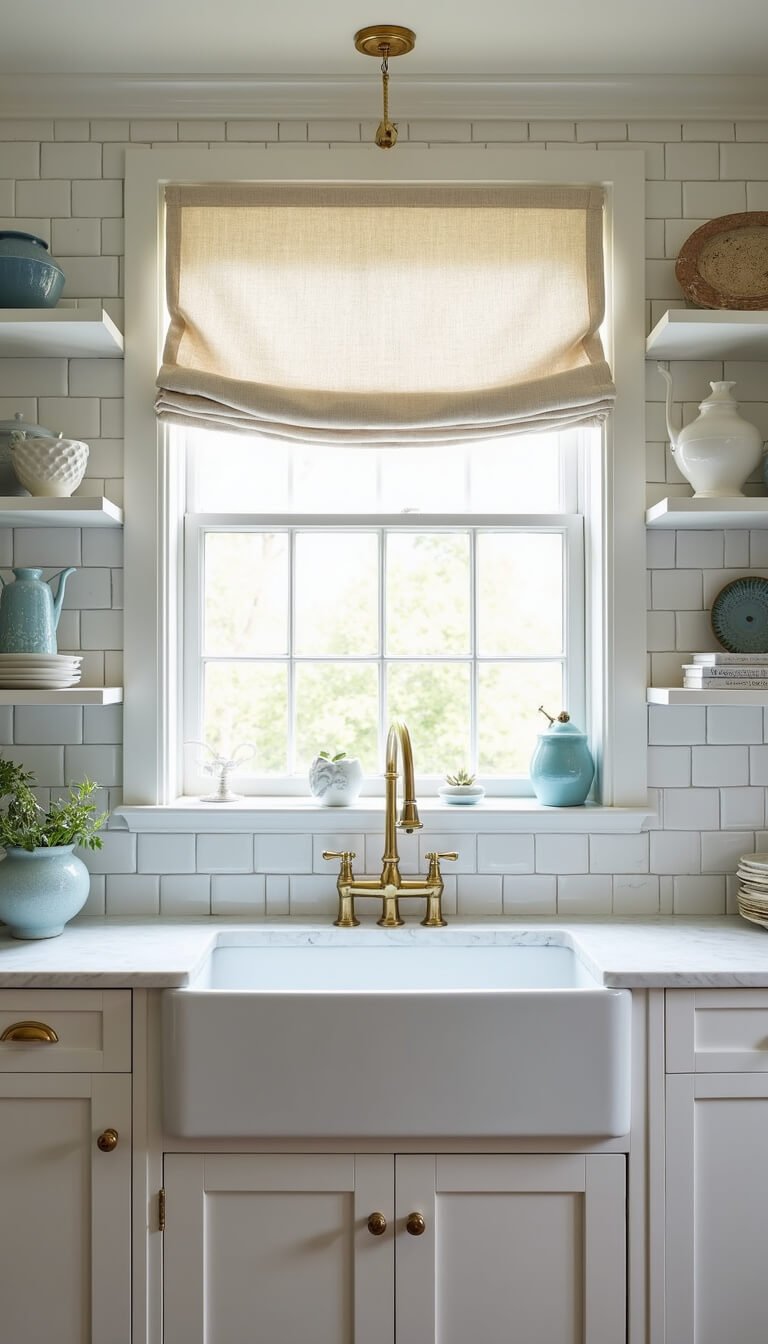 Bright 16x20ft kitchen with white shaker cabinets, brass hardware, honed marble countertops, subway tile backsplash, farmhouse sink under a window with linen café curtains, and open shelves displaying white and blue dishware.