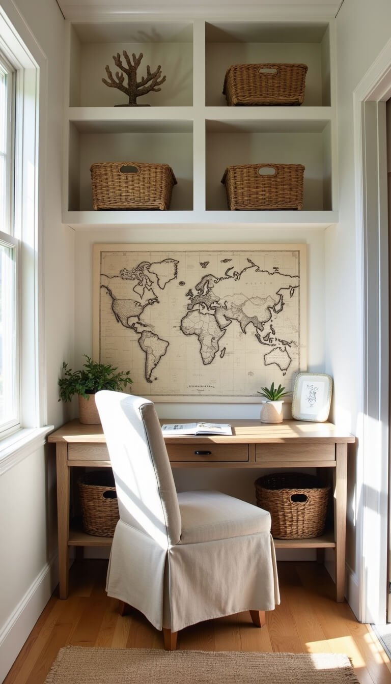 Cozy 10x12ft home office nook with warm white built-in bookshelves, sunlit weathered wood desk, linen slipcovered chair, woven storage baskets, and a vintage-inspired gallery wall.