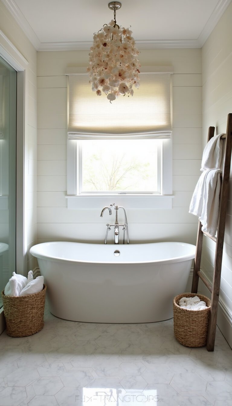 Luxurious 14x16ft bathroom with shiplap walls, freestanding soaking tub under cascading shell chandelier, marble hexagon floor tiles, white roman shades, and rustic spa-themed accents.