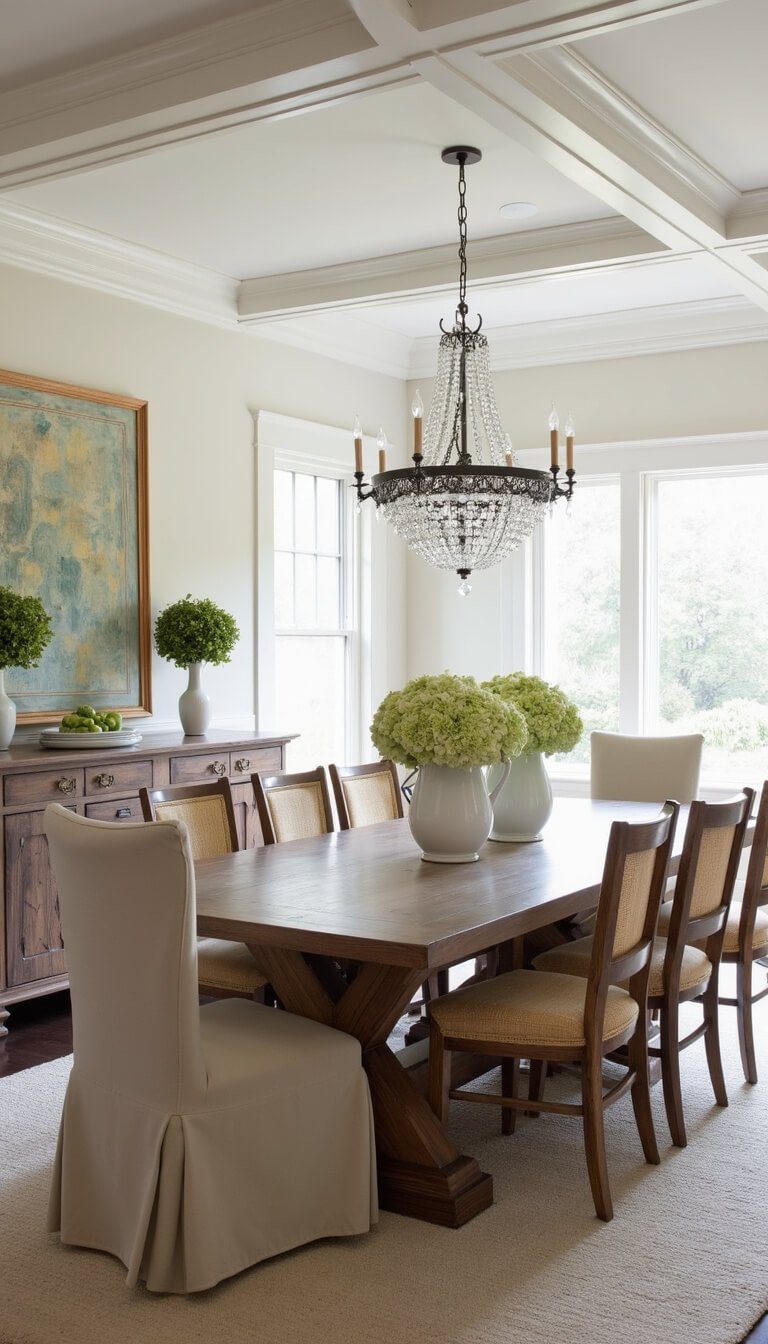 Elegant 12x15ft dining room with white coffered ceiling, crystal chandelier, reclaimed wood table, oatmeal slipcovered chairs, and hydrangea centerpieces.