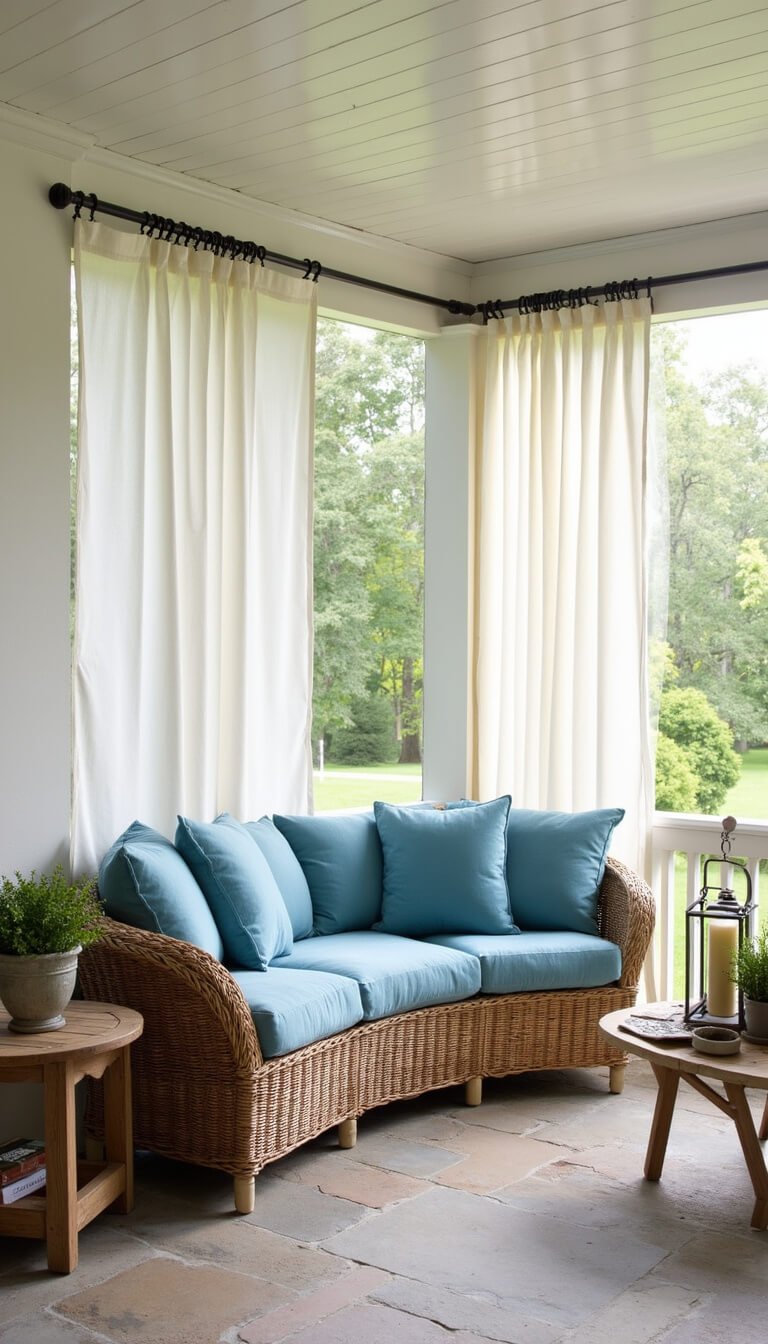 Cozy covered porch with rattan sofa, coastal blue cushions, and stone flooring, bathed in soft afternoon light through white drapes.
