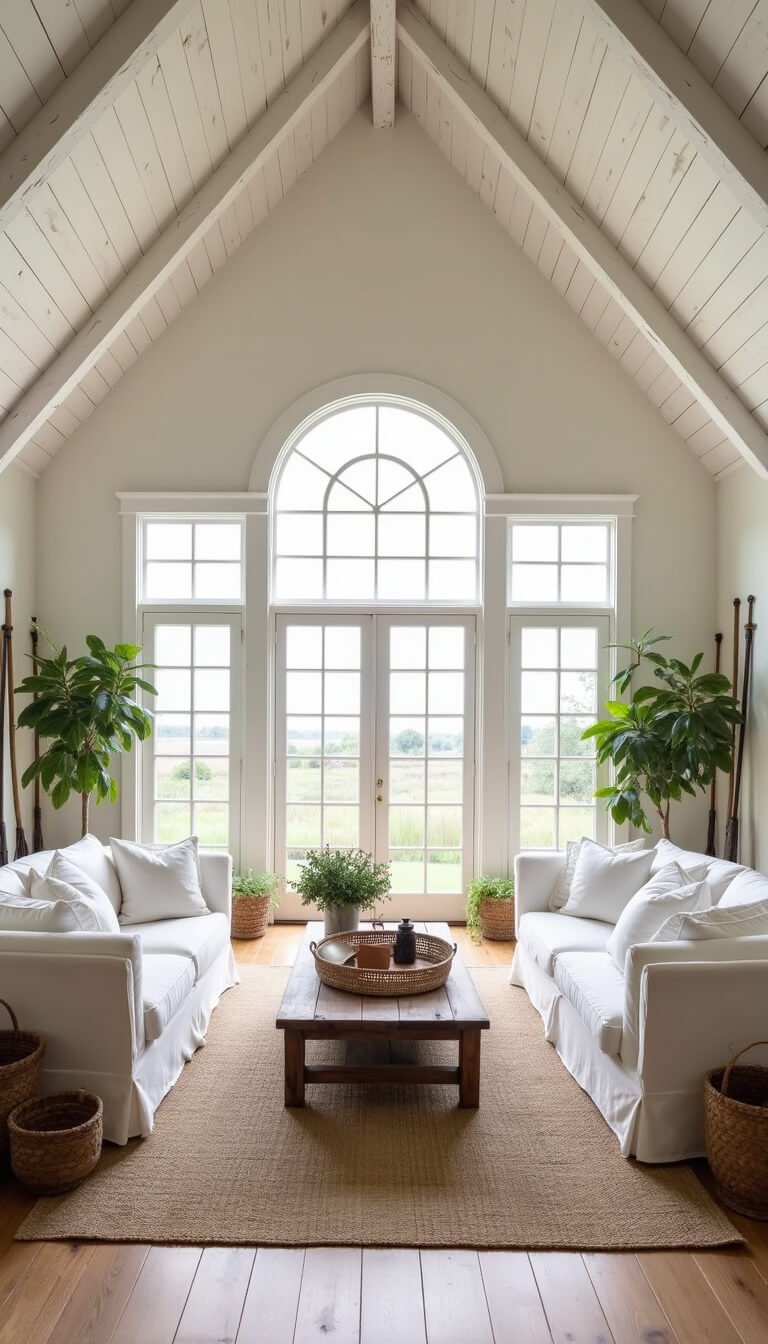 Great room with cathedral ceiling, whitewashed wood beams, arched windows, slipcovered white sofas, weathered wood coffee table, vintage oars wall art, and sisal rug on bleached hardwood floors.