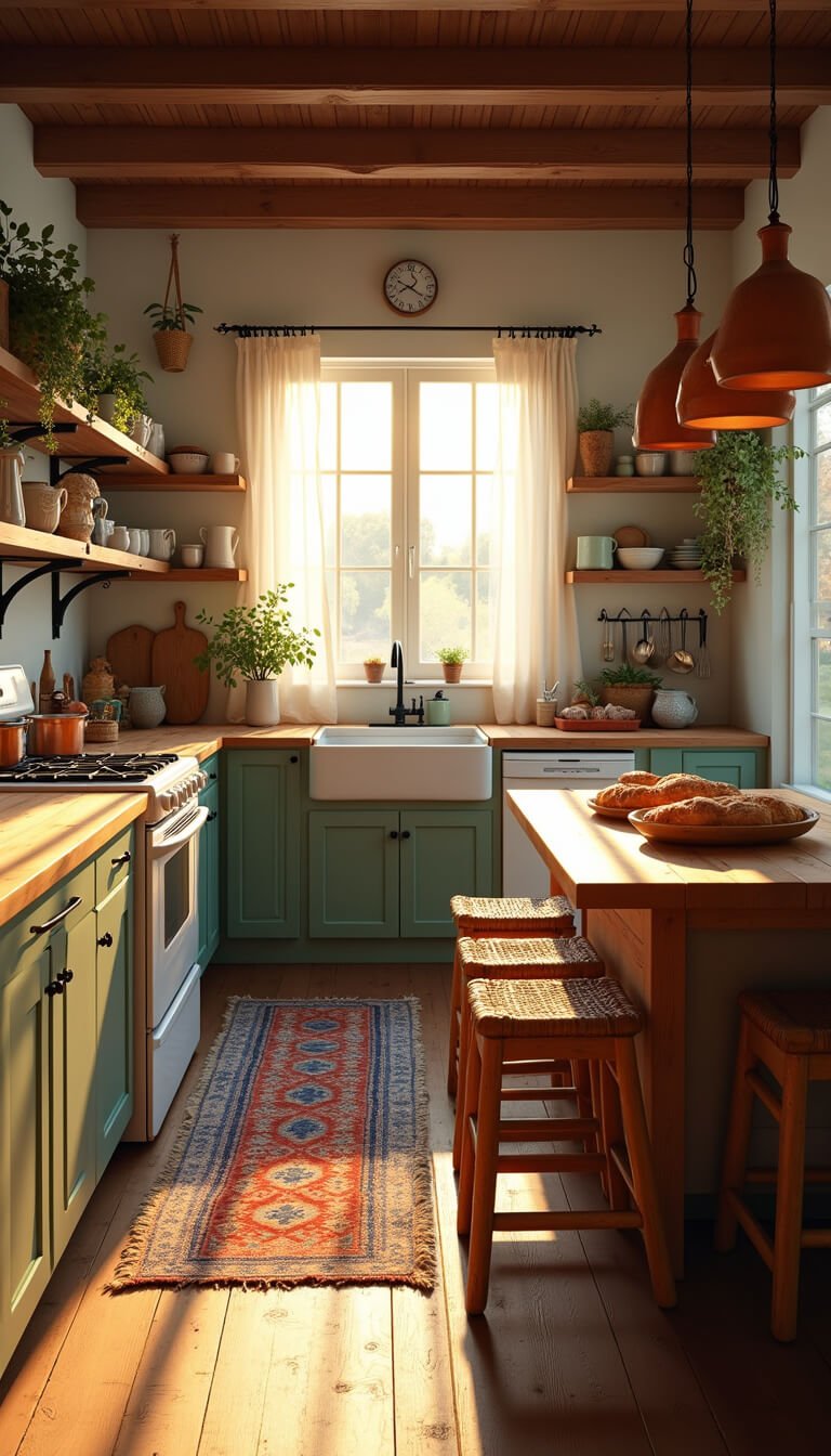 Bohemian kitchen at golden hour with sunlight through linen curtains, open shelves with ceramic mugs and pothos plants, Persian runner on oak floors, farmhouse sink beneath window, copper pots on iron rail, and bread-filled baskets on butcher block island with rattan stools.