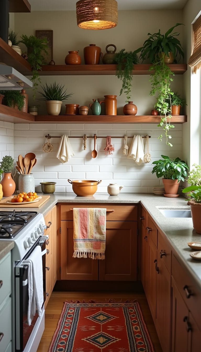 Boho-style 8x10 kitchen corner with walnut shelves, handmade pottery, brass utensils, Moroccan runner, macrame plant hangers, woven jute pendant light, and warm late afternoon lighting.