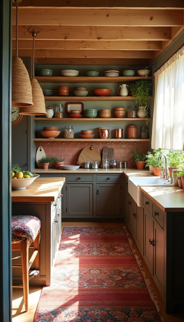 Boho kitchen with butcher block island, vintage chairs, open shelves of earthenware and jars, terracotta backsplash, copper mugs, herb pots on windowsill, kilim rug, and woven pendant lights in sunlit room.