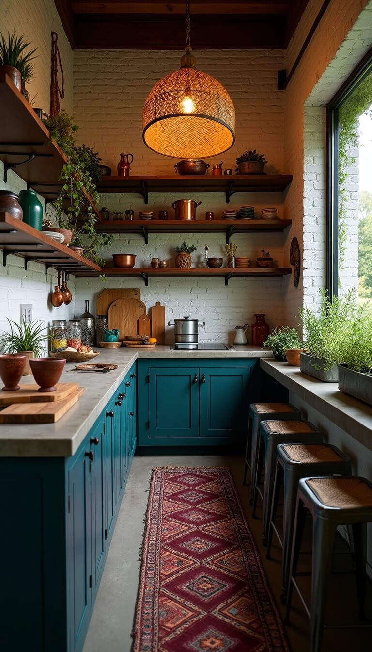 Moody boho kitchen with rattan pendant light, whitewashed brick walls, open shelves of copper and ceramics, concrete counters, vintage rug, and lush herbs in zinc planters.