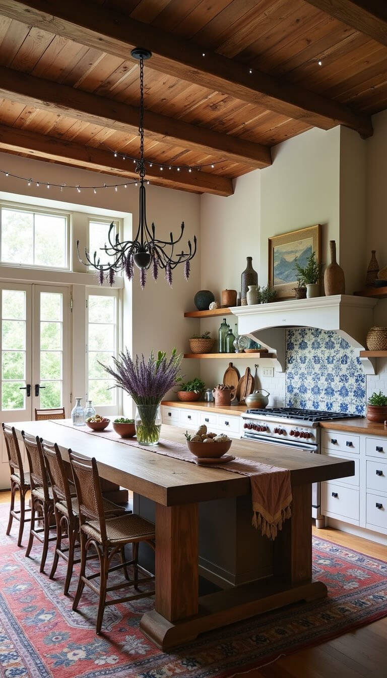 Boho farmhouse kitchen with exposed beams, lavender, reclaimed wood island, global decor, and natural light illuminating eclectic details.