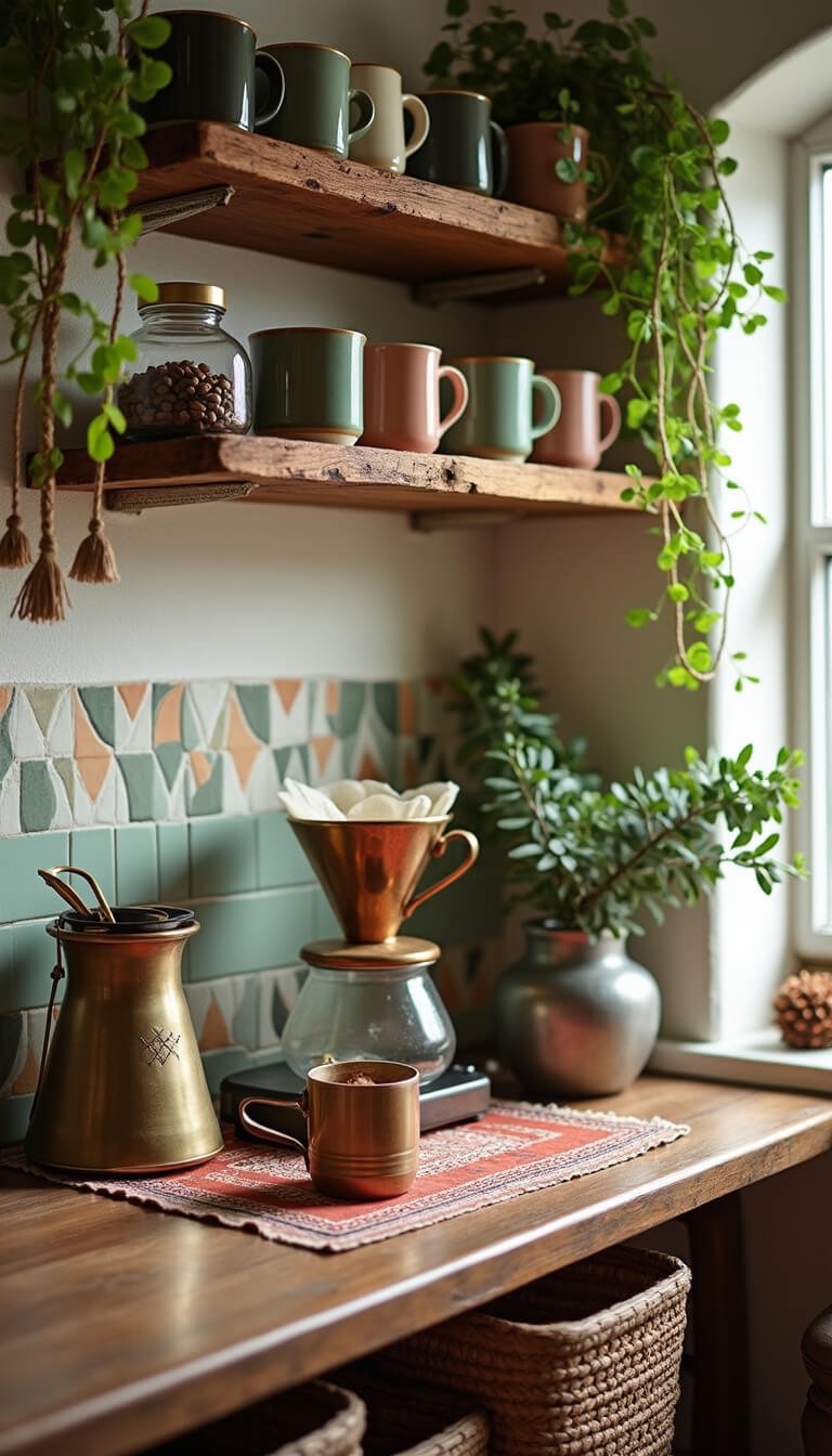 Boho kitchen coffee station at dawn with handmade mugs, copper pour-over set, vintage scale, macrame plants, patterned tiles, and soft natural light.