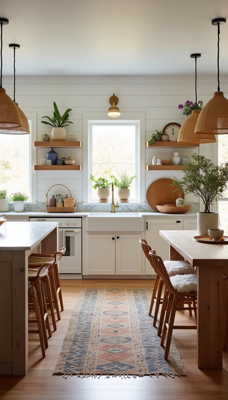 Boho-Scandinavian kitchen with white shiplap walls, oak shelves, marble island, rattan stools, farmhouse table, wishbone chairs, and eclectic decor in golden hour light.