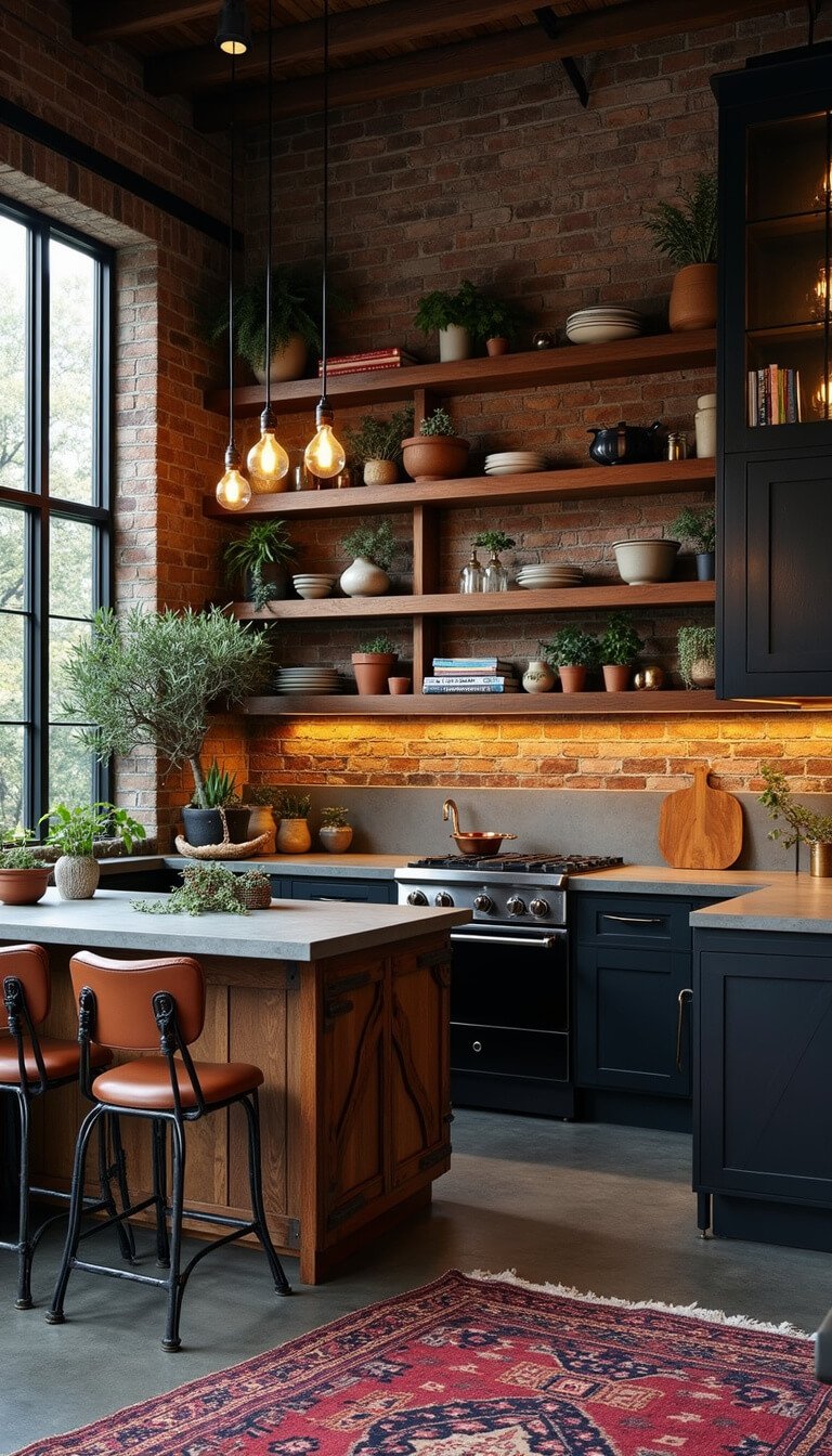 Twilight view of a modern boho kitchen with exposed brick, black metal windows, floating wood shelves, concrete island, matte black cabinets, mixed metal fixtures, eclectic decor, and layered lighting.
