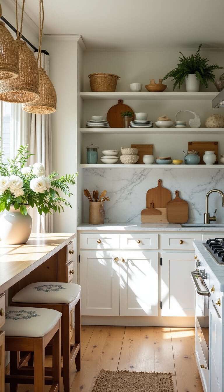 Coastal boho kitchen with white-washed cabinets, cane detailing, marble backsplash, open shelving of ocean-inspired decor, rattan pendant lighting, teak bar stools, and sunlit natural textures.