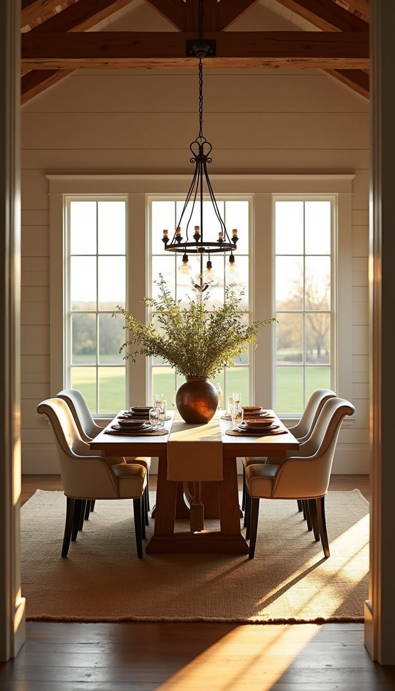Golden-hour dining room with reclaimed oak table, mixed chairs, iron chandelier, and sunlit beams in a cozy barndominium setting.