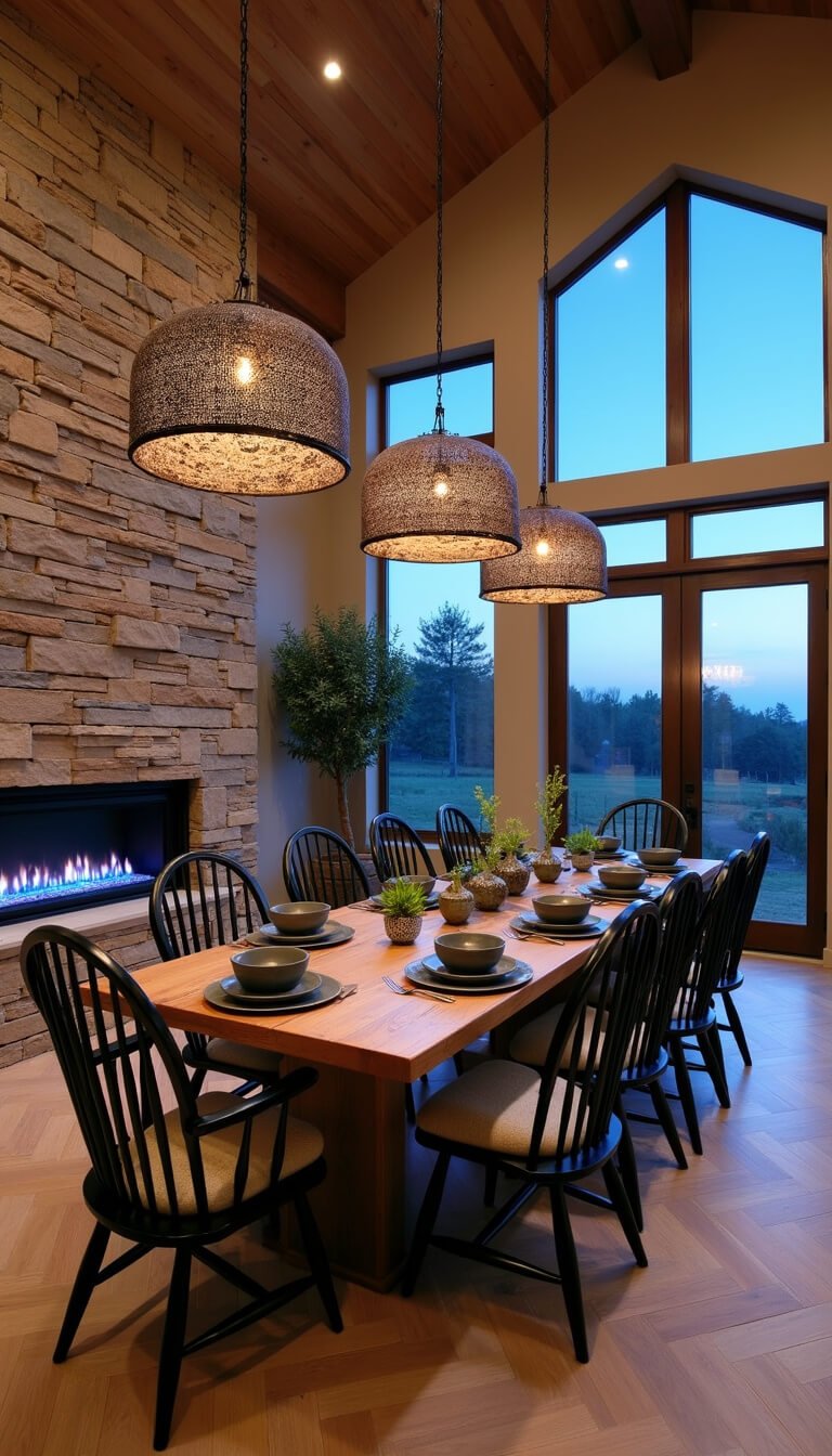 Twilight dining space in a modern barndominium with high ceilings, reclaimed wood table, black Windsor chairs, wrought iron pendant lights, herringbone oak floors, stone fireplace with blue flames, and floor-to-ceiling windows framed by potted olive trees.