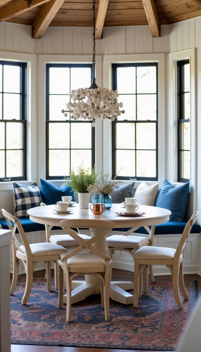 Cozy barndominium breakfast nook with round oak table, cream-striped chairs, navy bench seating, and soft morning light through black-framed windows.