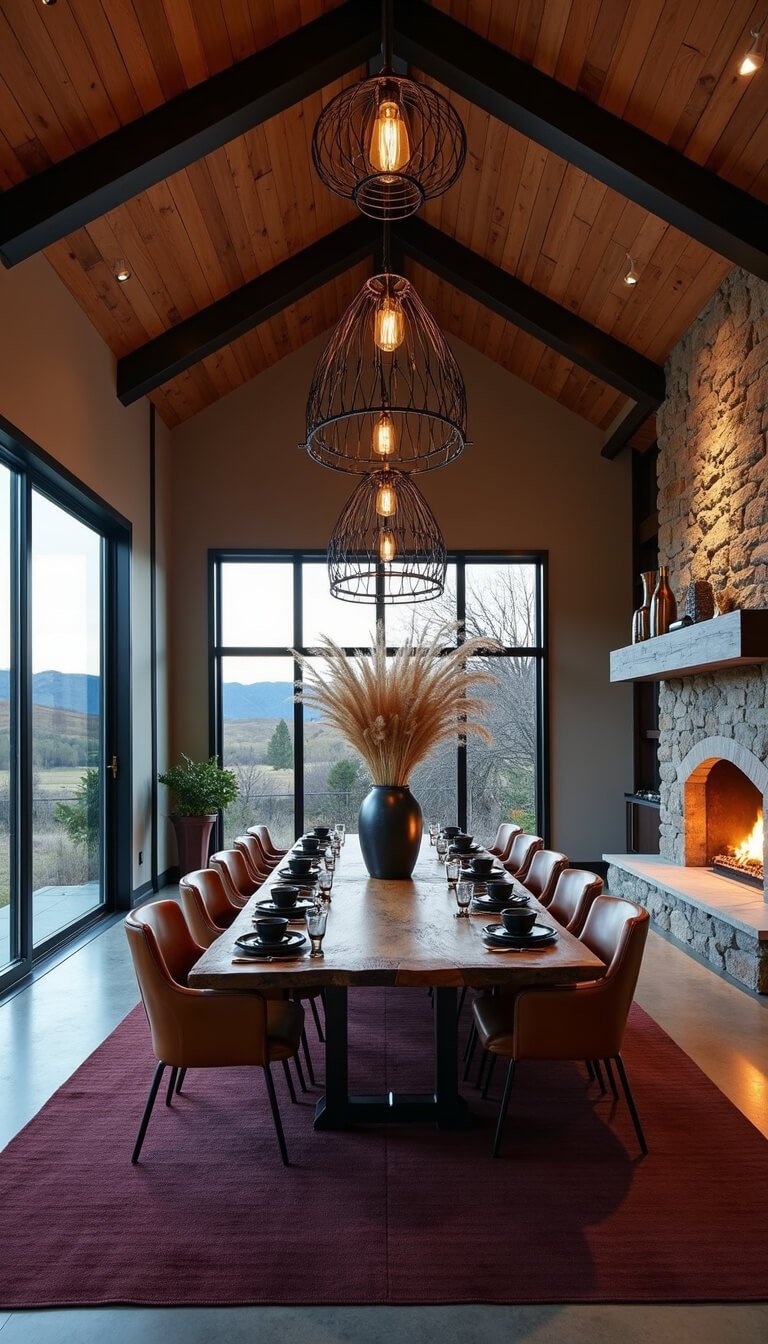 Barndominium dining room with vaulted ceilings, a large walnut table, industrial chairs, stone fireplace, and dramatic dusk lighting through floor-to-ceiling windows.