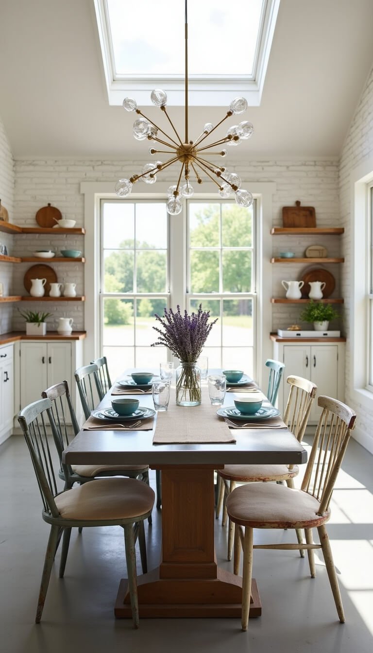 Bright barndominium dining room with skylight, zinc-top table, vintage chairs, brass chandelier, and open shelving displaying white ironstone and cutting boards.