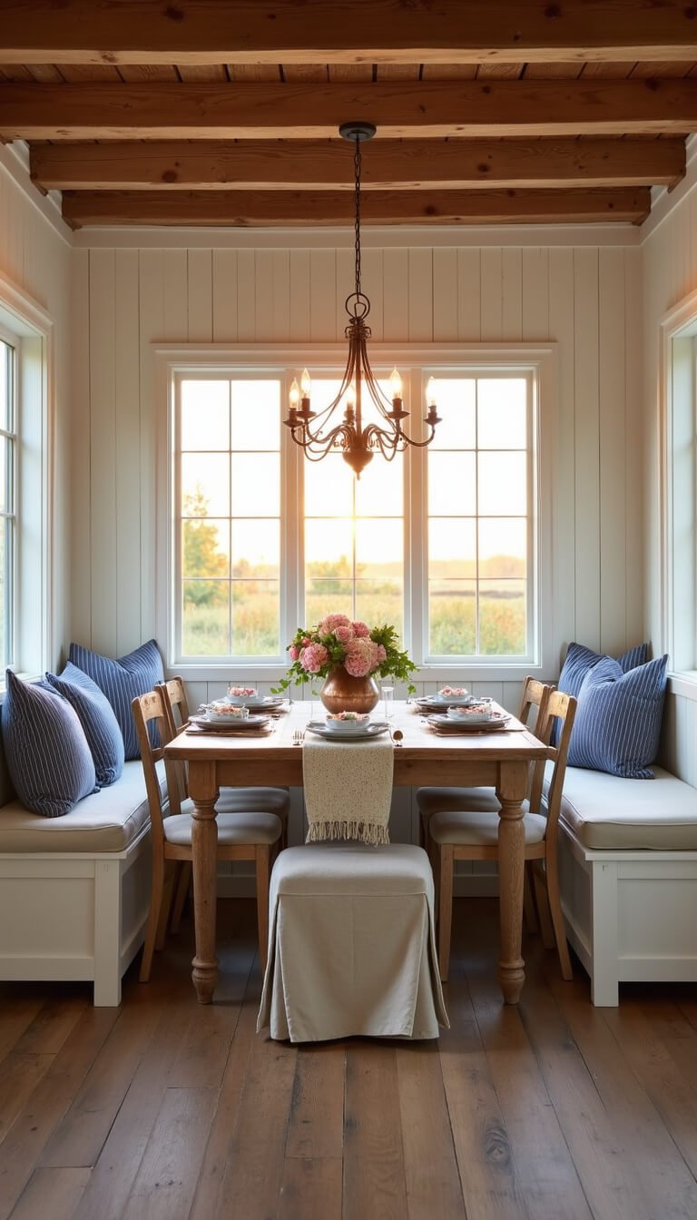 Cozy farmhouse dining nook with sunset light, square oak table, slipcovered chairs, window bench, vintage chandelier, and rustic decor.