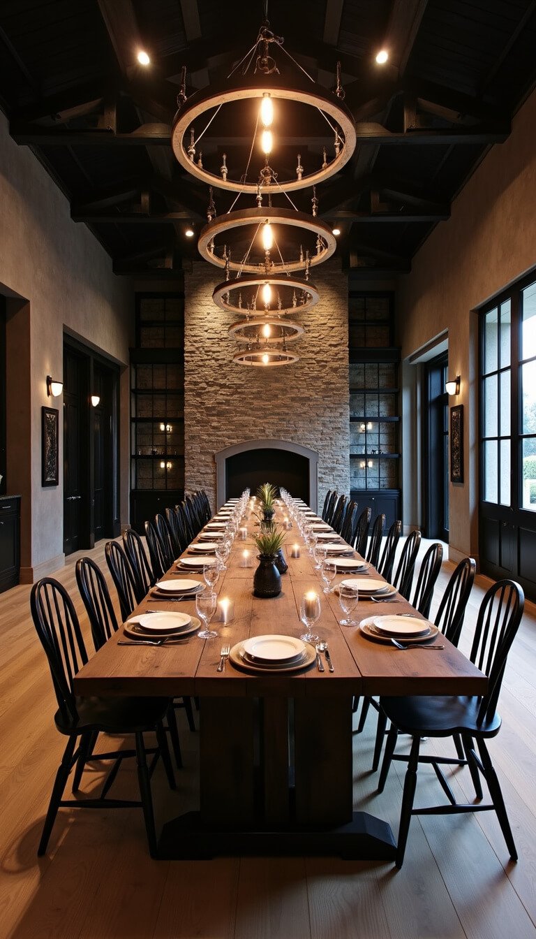 Moody nighttime barndominium dining space with 16-foot ceilings, black metal trusses, a long reclaimed barn wood table, iron chandeliers with Edison bulbs, black-framed windows, stone accent wall with wine storage, and elegant table settings with candles.