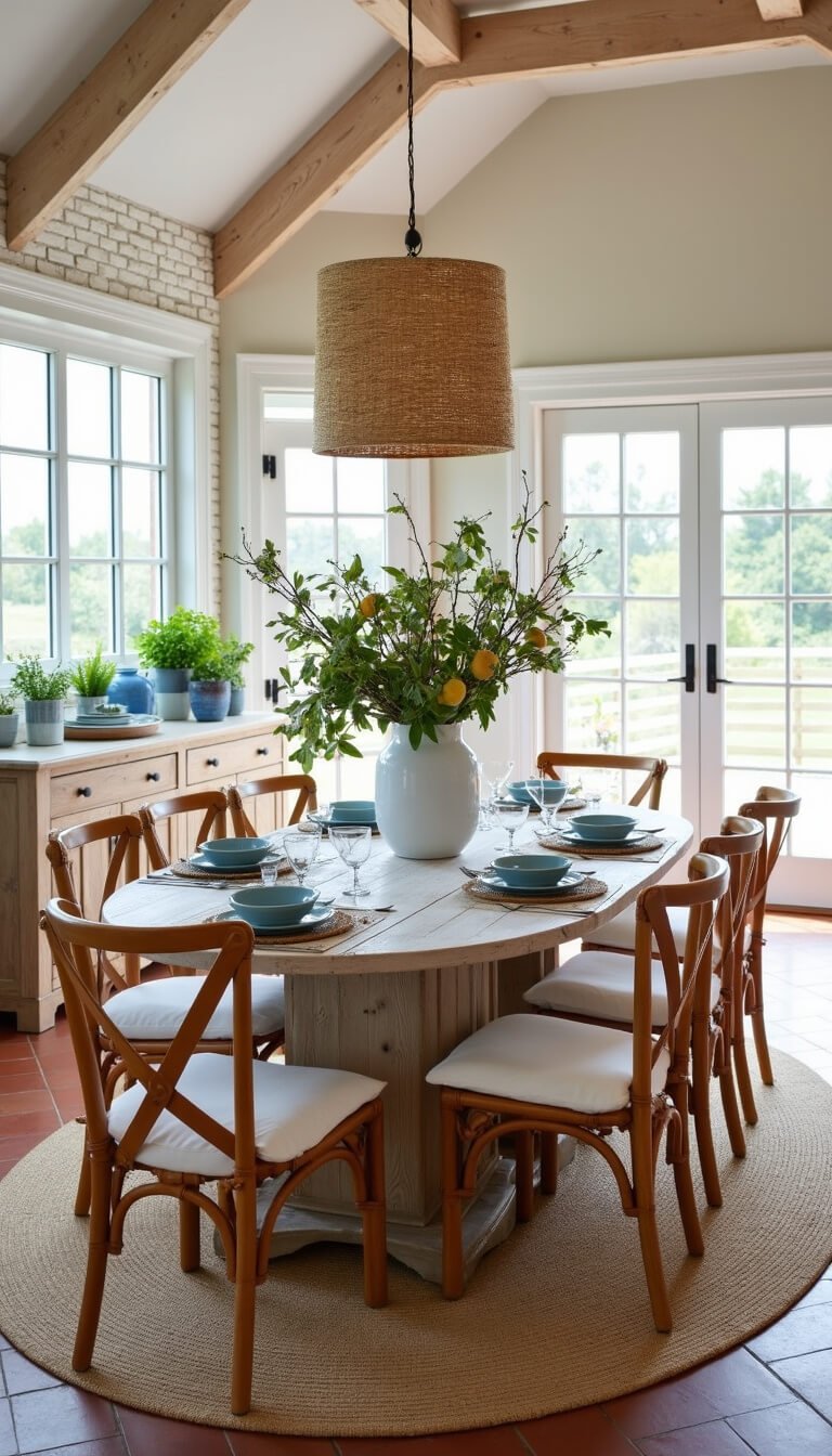 Barndominium dining area with round oak table set for brunch, surrounded by rattan chairs, citrus centerpiece, terra cotta floors, white brick walls, and large south-facing windows letting in natural light.