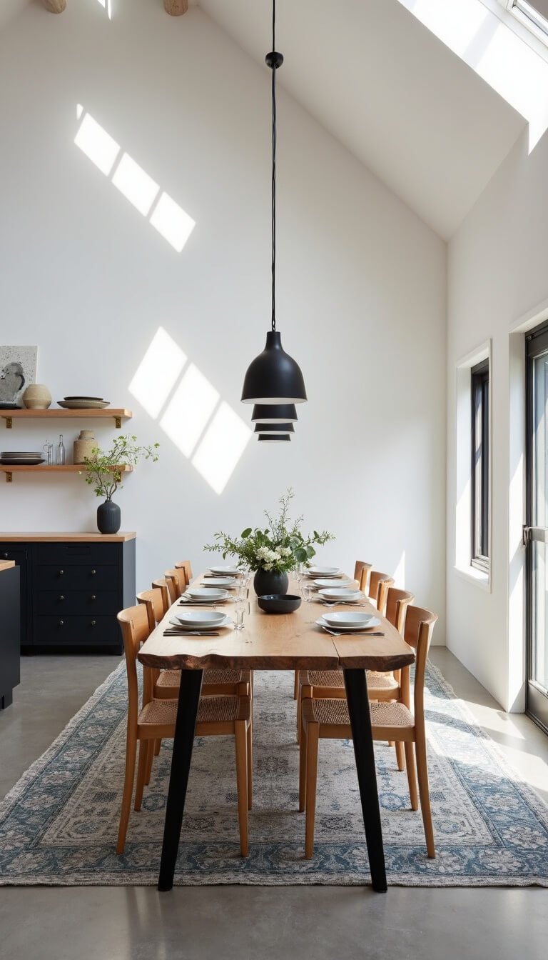 Airy barndominium dining room with geometric morning light, live-edge maple table, Scandinavian chairs, black pendant lights, and minimalist decor.