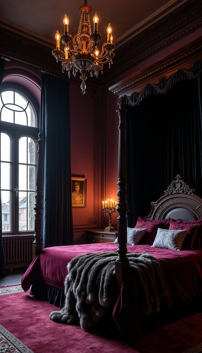 Gothic-style bedroom at dusk with a mahogany four-poster bed, black canopy, arched windows, deep aubergine walls, silver candelabra, and ornate chandelier in romantic lighting.