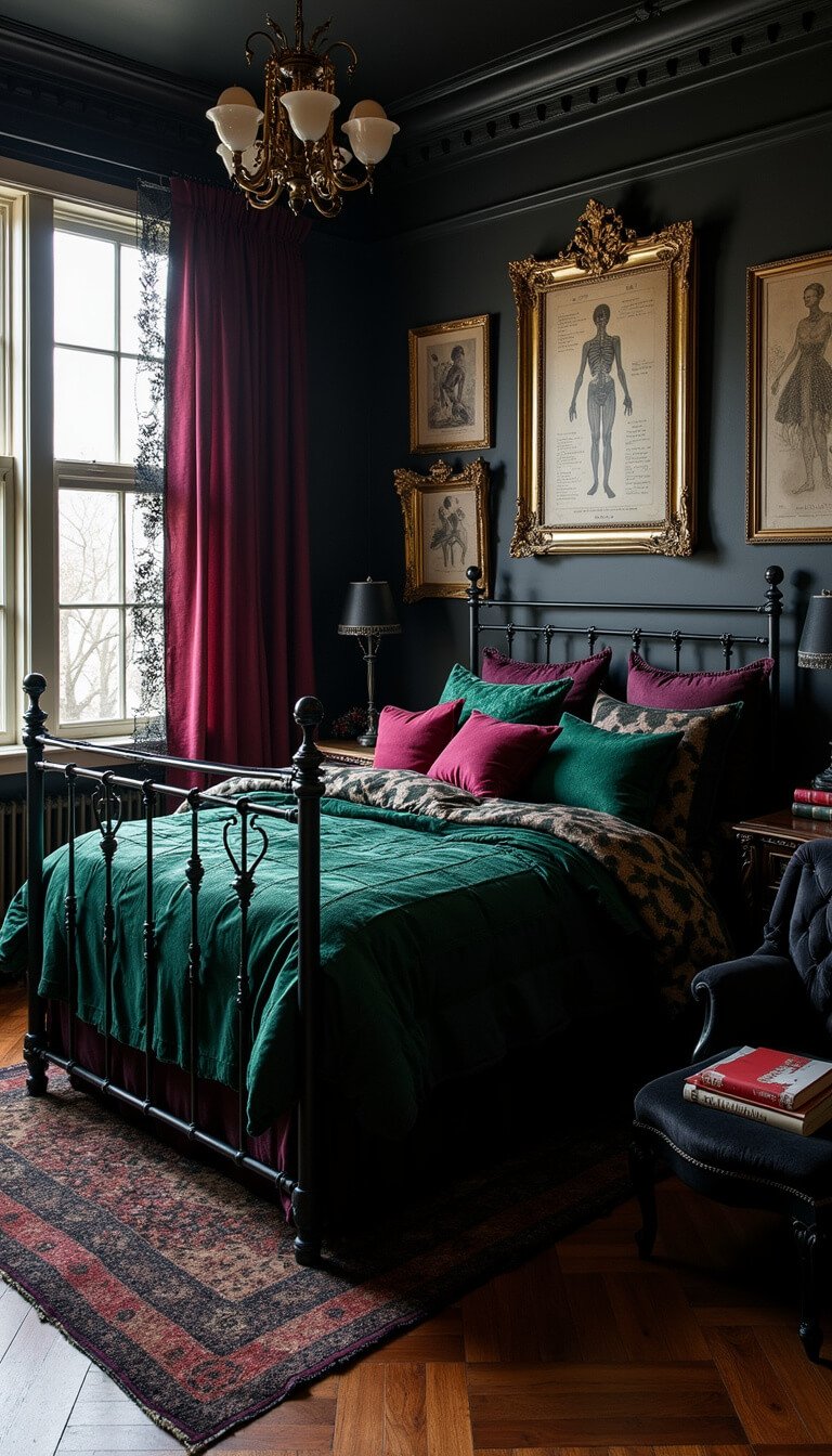 Gothic bedroom with wrought iron bed, emerald silk bedding, velvet pillows, black walls, vintage mirrors, and Victorian reading nook in soft natural light.