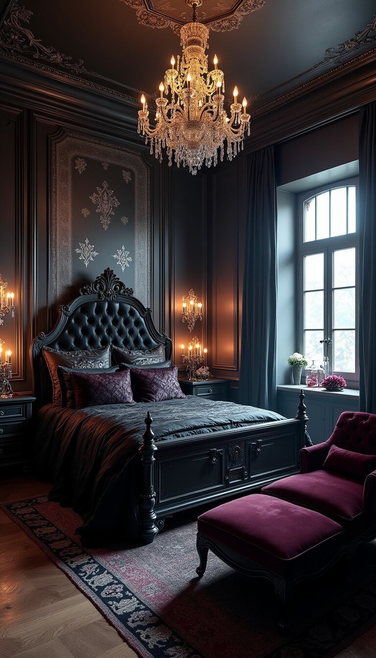 Gothic bedroom at midnight with moonlight and uplighting, featuring an ebony sleigh bed, plum silk bedding, silver filigree walls, crystal chandelier, silver sconces, and burgundy velvet chaise lounge with dried roses under glass domes.