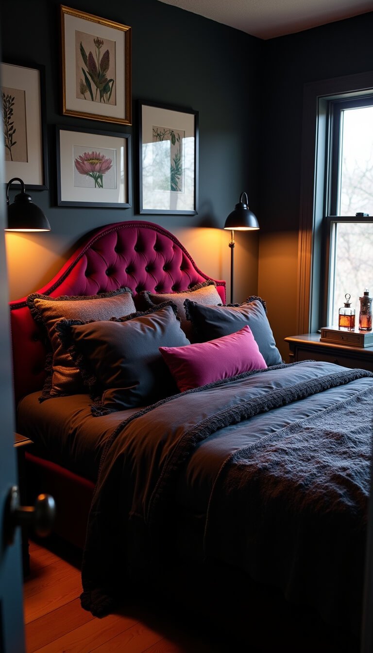 Cozy budget Gothic bedroom with deep navy walls, tufted burgundy velvet headboard, layered black and violet bedding, ambient brass lighting, and vintage decor details.