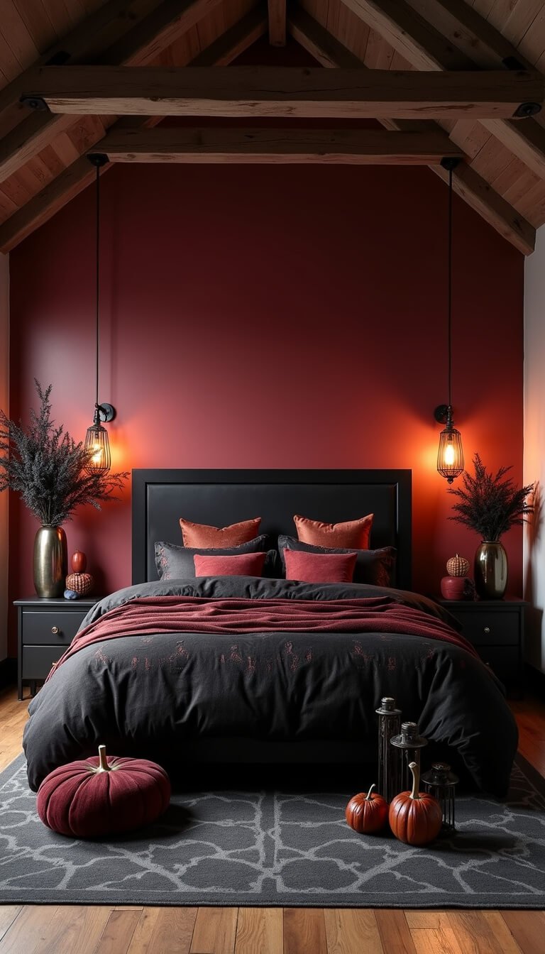 Gothic autumn bedroom with black oak bed, crimson walls, velvet pumpkins, dark foliage, and warm amber lighting in a vaulted ceiling room.