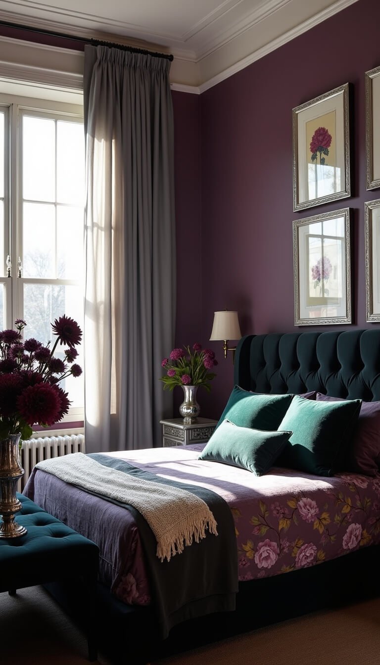 Gothic spring bedroom with dark plum walls, sheer gray curtains, and sunlight highlighting a black velvet bed with floral bedding, fresh dark flowers on a black nightstand, Victorian white molding, and antique decor.