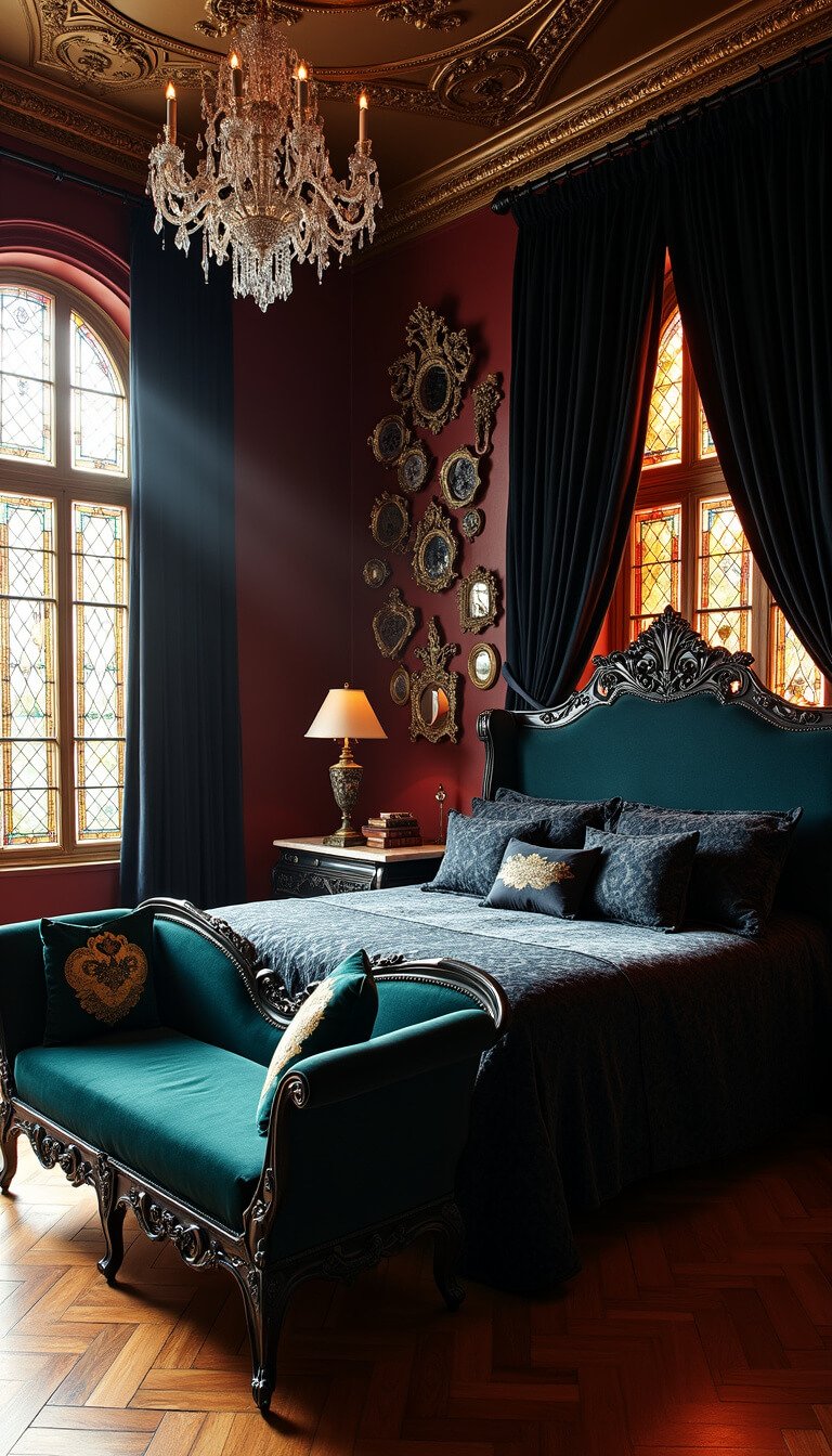 Gothic-style bedroom at golden hour with stained glass light patterns, an ebony sleigh bed in midnight blue velvet, black velvet curtains, a crystal chandelier, antique mirrors on a burgundy wall, and an emerald Victorian fainting couch.
