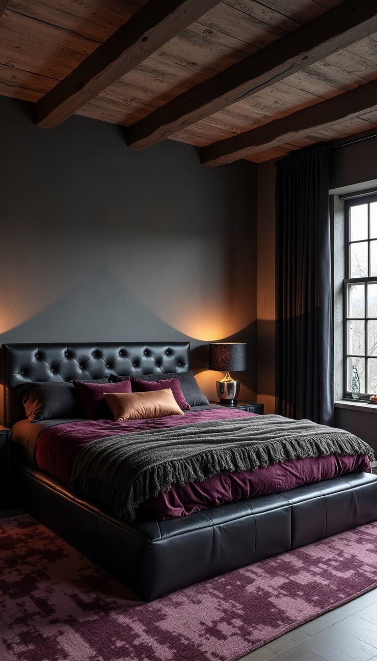 Gothic-style 12x14 bedroom at dusk with textured charcoal grasscloth walls, oversized black leather tufted headboard, layered velvet and silk bedding in dark hues, metallic fringed throw, velvet-trimmed blackout curtains, abstract burgundy wool rug, matte black ceiling beams, mercury glass lamps, and moody uplighting creating a cocooning atmosphere.