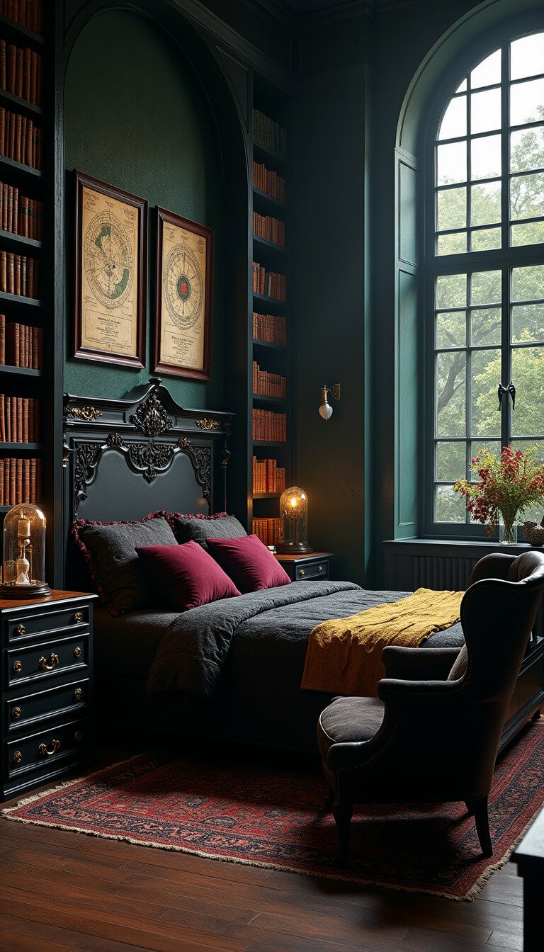Gothic 15x17 bedroom with dark academia decor, illuminated by lightning through tall windows; forest green walls, walnut bookshelves, black leather wingback chair, antique desk with quills and hourglasses, carved black wood bed with charcoal and burgundy bedding, and vintage astronomical art above headboard.