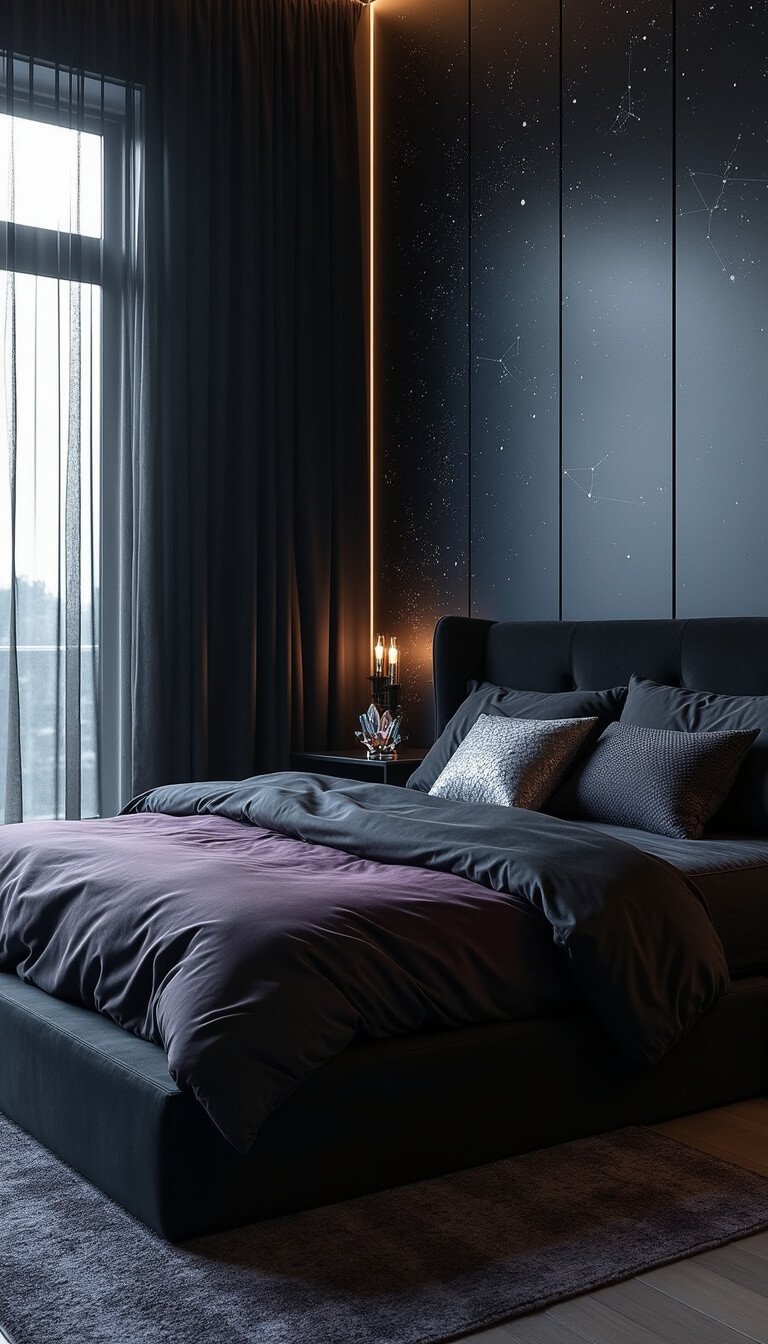 Gothic bedroom at dawn with misty light through sheer black curtains, a cathedral-inspired matte black bed, ombré bedding, silver constellation wall, and rainbow-lit crystal accents.