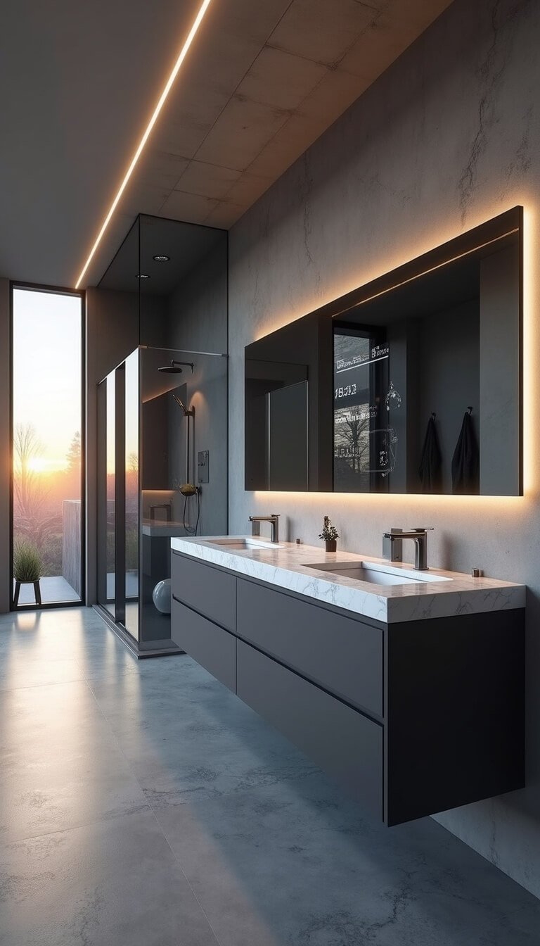 Photorealistic modern bathroom with smart mirror displaying data above floating double vanity, matte charcoal finishes, touchless titanium faucets, walk-in glass shower, quartz counters, ambient LED lighting, and natural morning light.