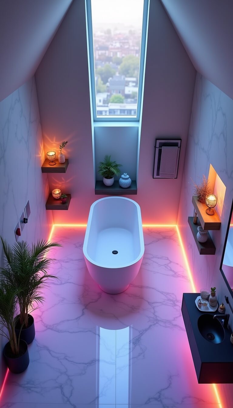 Overhead view of a modern, mood-lit bathroom with color-shifting LED lights, white marble floors, a central freestanding tub under a skylight, ambient wall panels, smart mirror, matte black fixtures, wooden shelves with crystal vessels, and lush green plants.