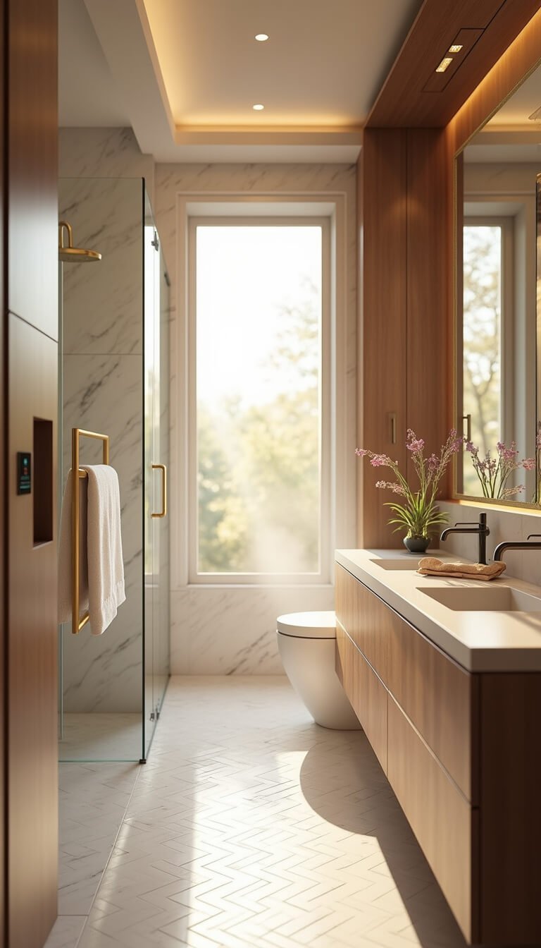 Eye-level panoramic view of a high-tech luxury bathroom with smart glass windows, marble heated floors, a digital steam shower, brass towel rack, and walnut cabinetry under golden afternoon light.