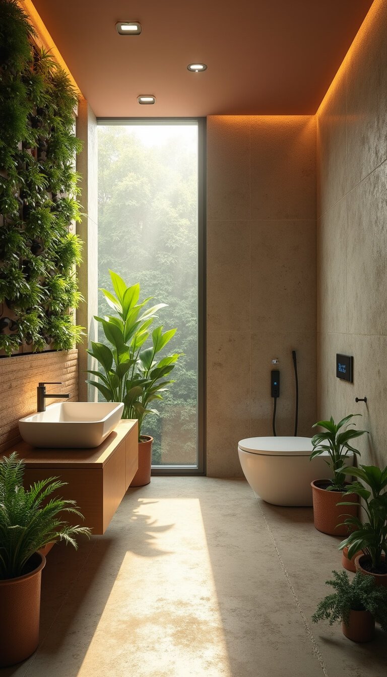 Vertical view of a wellness-focused bathroom with dawn light highlighting a hydroponic garden wall, bamboo vanity, chromotherapy shower, and textured stone water feature in a serene, earth-toned space.