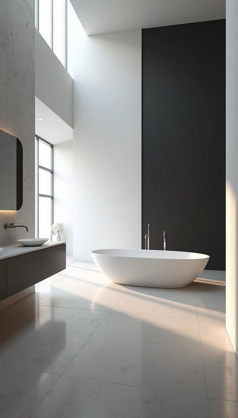 Ultra-wide view of a minimalist futuristic bathroom with polished concrete floors, stark white and matte black walls, floating bathtub with recessed lighting, frameless glass shower, and quartz vanity, all illuminated by natural light and subtle tech elements.