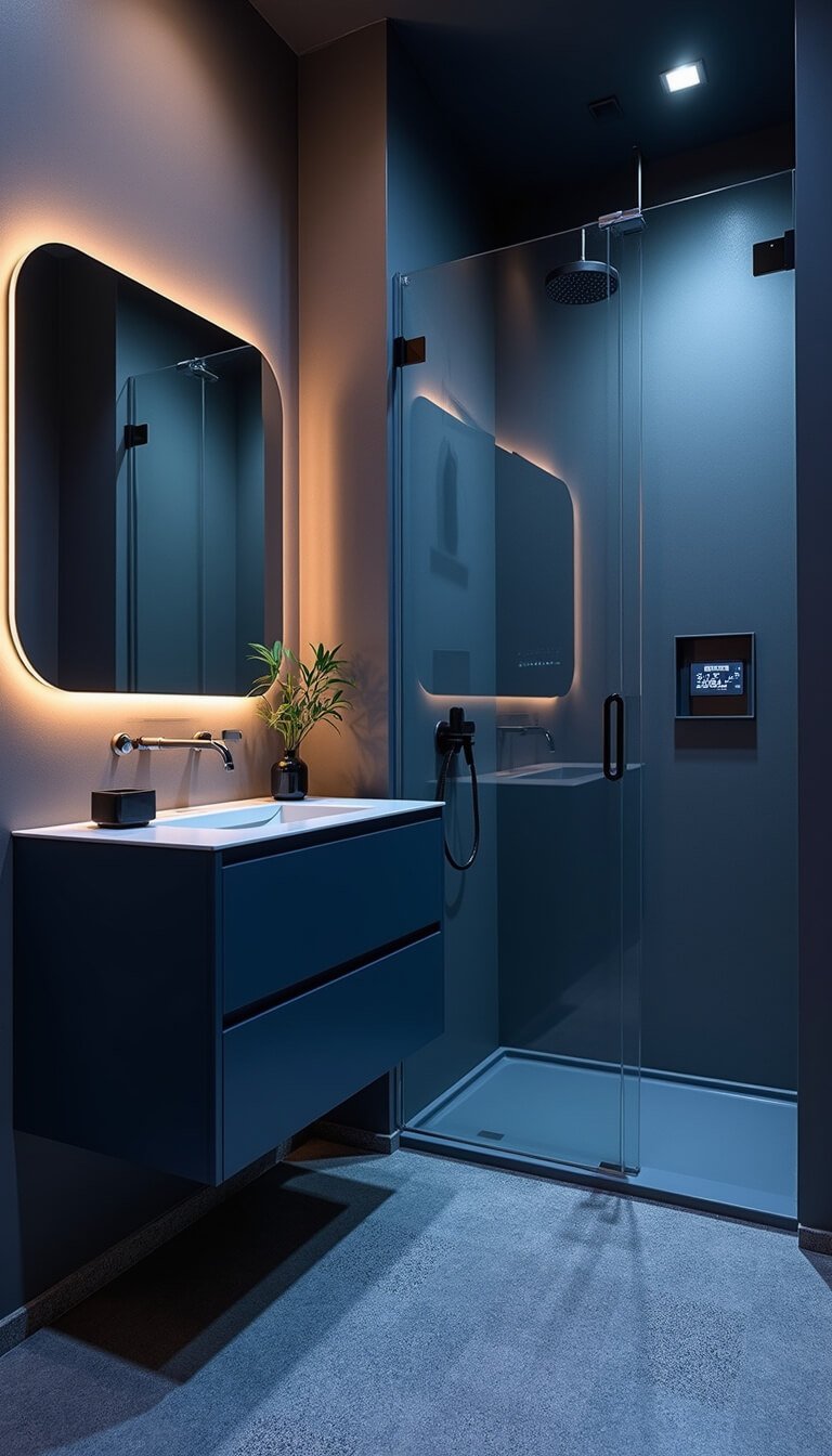 Futuristic cool-toned bathroom with LED lighting, midnight blue vanity, digital shower system, terrazzo floor, and smart mirror viewed from elevated corner angle.