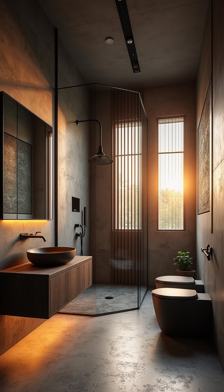 Low-angle view of a luxurious bathroom featuring dramatic textured walls, sunset-lit slatted windows, floating glass shower, cantilevered oak vanity with vessel sink, and smart mirror; materials include slate, brushed metal, stone, and glass in a charcoal, copper, and deep teal palette.