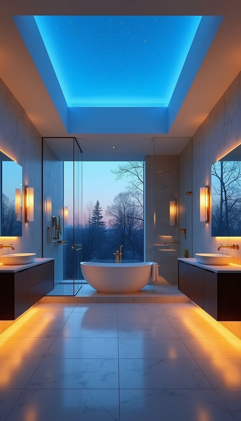 Symmetrical bathroom at pre-dawn with layered lighting: central soaking tub under skylight, cool white floor LEDs, amber wall sconces, sunrise-mimicking vanity lights, smart mirrors, chromotherapy shower lighting, and warm porcelain tile floors.