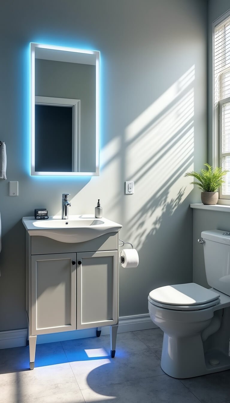 Smart tech-enhanced budget bathroom with LED-lit mirror, digital shower display, motion-activated fixtures, vinyl floor lighting, and modern gray-and-white decor with blue accents.