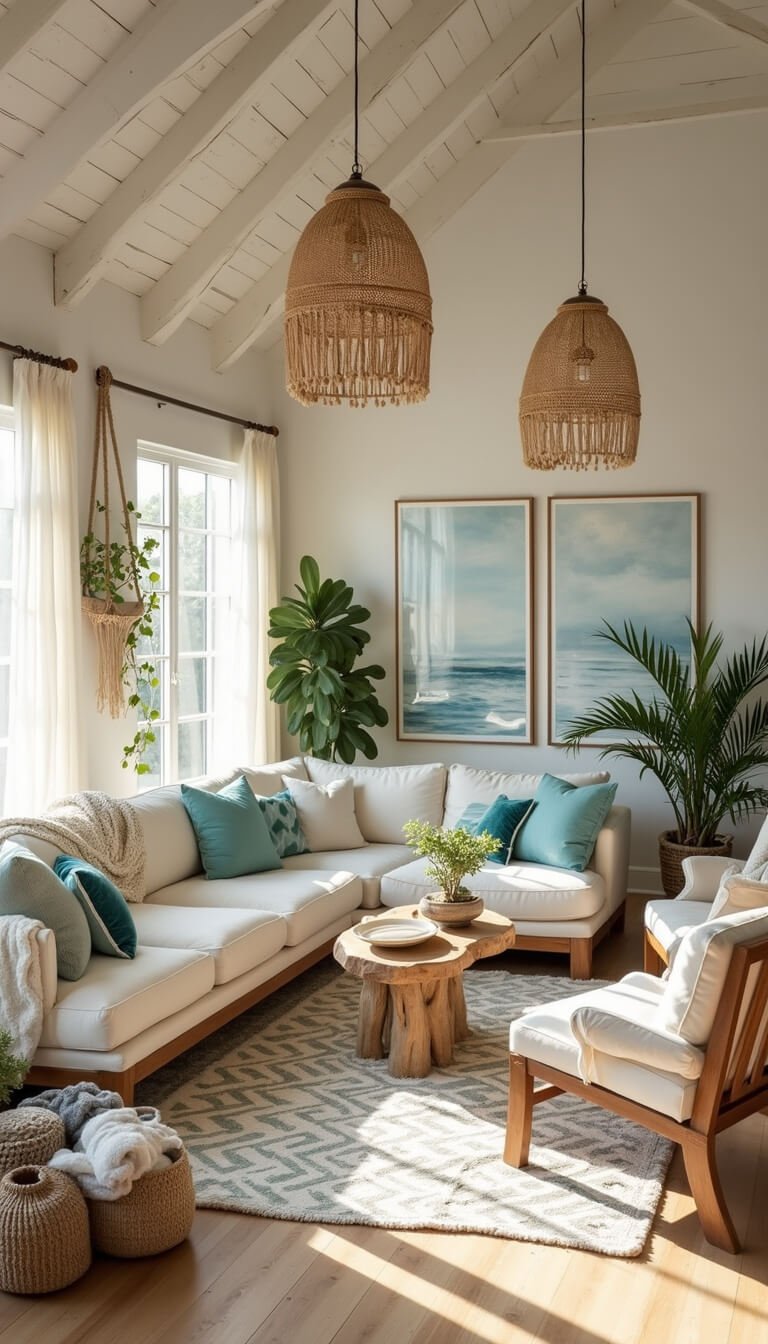 Boho beach living room with cream sectional, driftwood coffee table, rattan lights, and sunlit decor in airy, vaulted space.